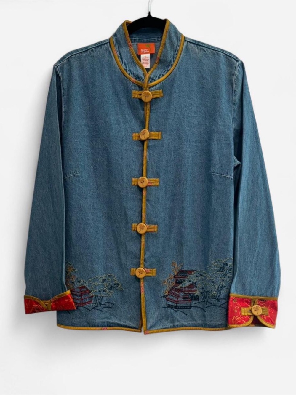 hearts of palm Blue Denim Mandarin Collar Jacket with Gold Trim